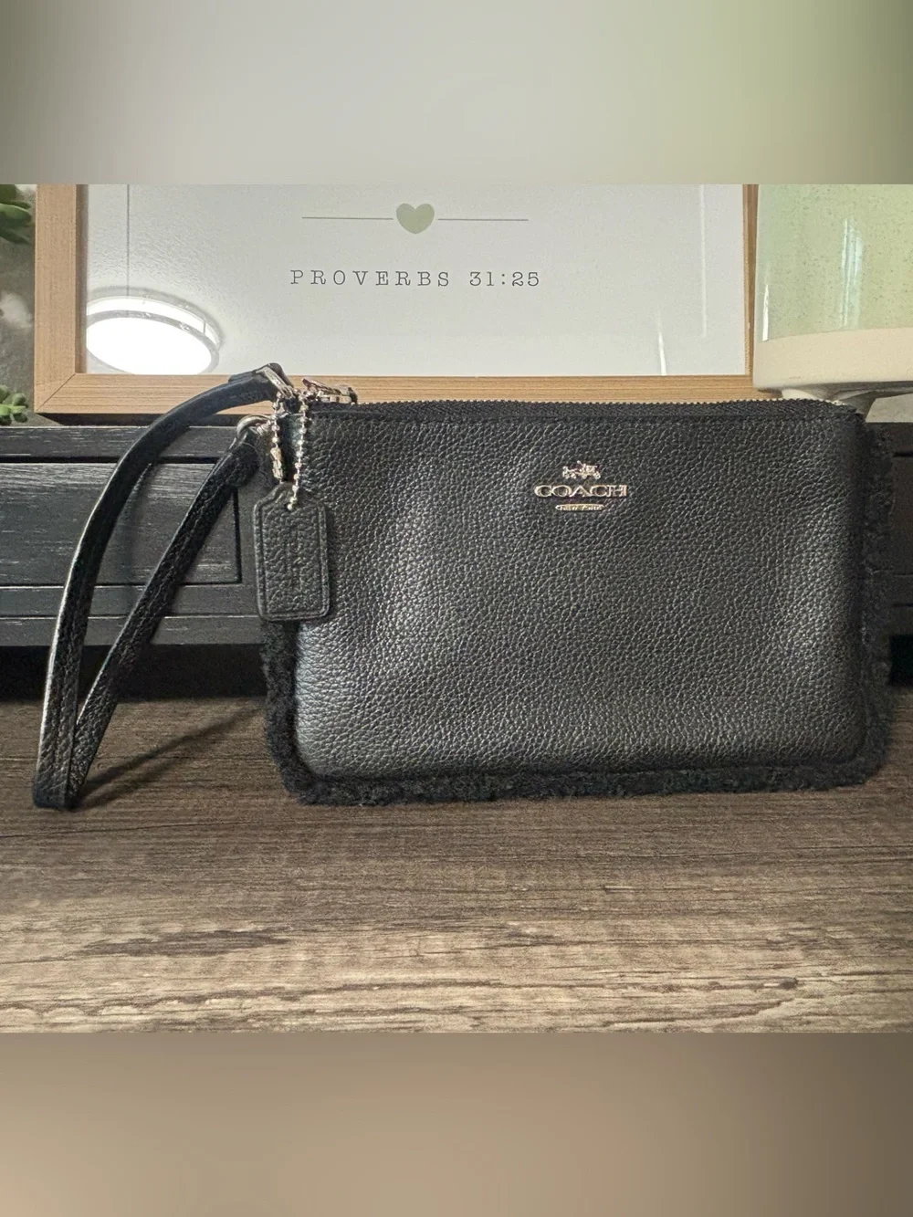 Coach Black Pebbled Leather Shearling-Trim Wristlet